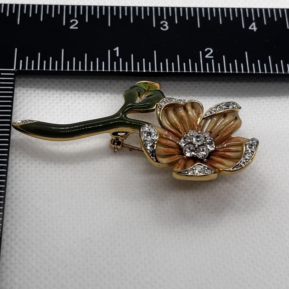 Vintage Nolan Miller Flower Brooch Pin Gold Tone Enamel Rhinestone Crystal Box - Picture 6 of 7